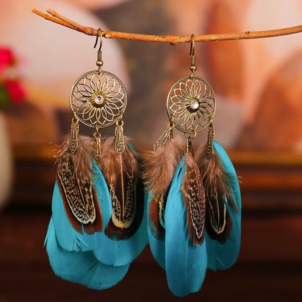 Feather Earrings Boho Drop Dangle Sunflower Lightweight